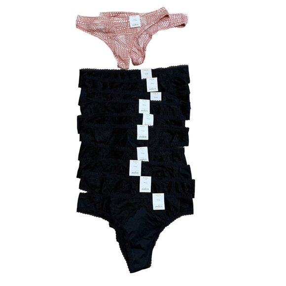 AUDEN UNDERWEAR THONG LOT OF 12 BLACK LACE PINK DOTS SIZE M NEW - Picture 1 of 2